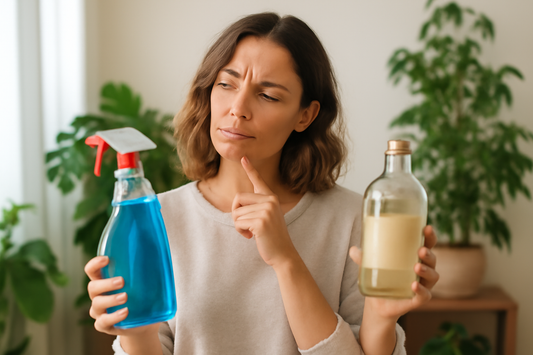 Personne hésitant entre produits ménagers chimiques et produits de nettoyage naturels, choix écologique et sain pour la maison.