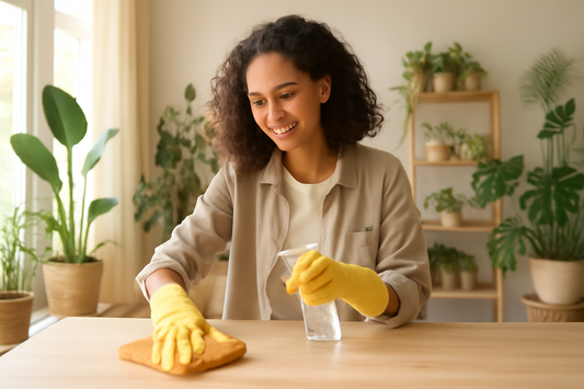 Personne souriante faisant le ménage avec des produits naturels dans un intérieur lumineux, chaleureux et décoré de plantes.