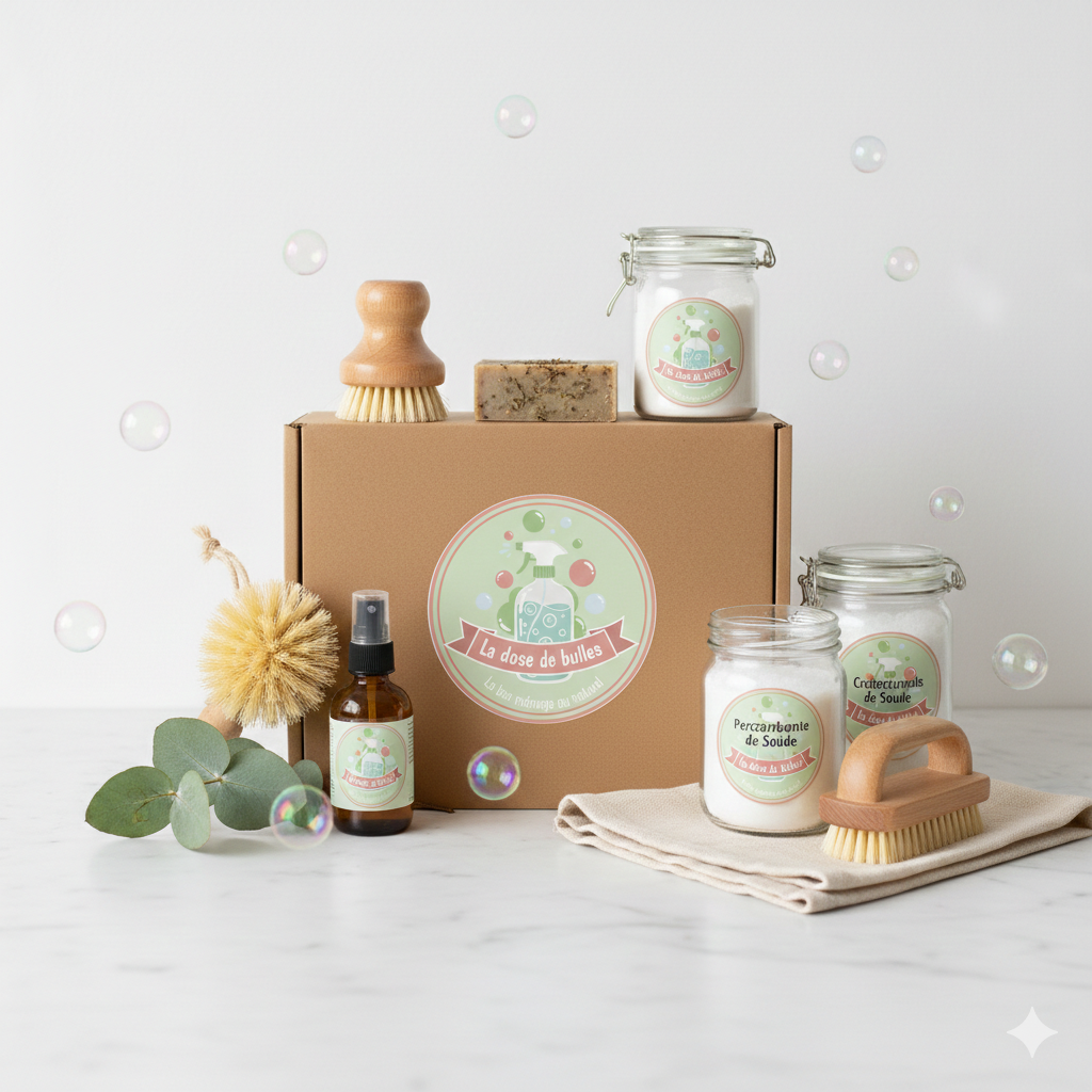 Une boîte d'expédition en carton éco-responsable posée sur un plan de travail en marbre clair. Sur la boîte, une étiquette vert menthe avec le logo 'La Dose de Bulles - Ma Box Ménage' entouré de bulles légères. À côté, une branche d'eucalyptus apporte une touche naturelle et fraîche