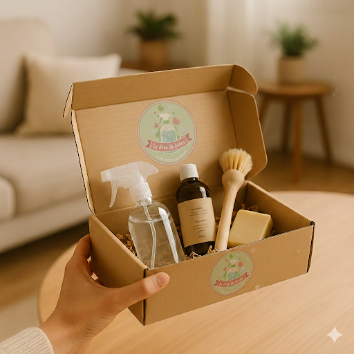 Vue de dessus d'un coffret de type "box" en carton kraft ouvert contenant un kit de nettoyage écologique : un flacon spray transparent, une bouteille en verre ambré, une brosse à vaisselle en bois et un pain de savon artisanal. Le logo rond "La dose de bulles" est apposé à l'intérieur du couvercle