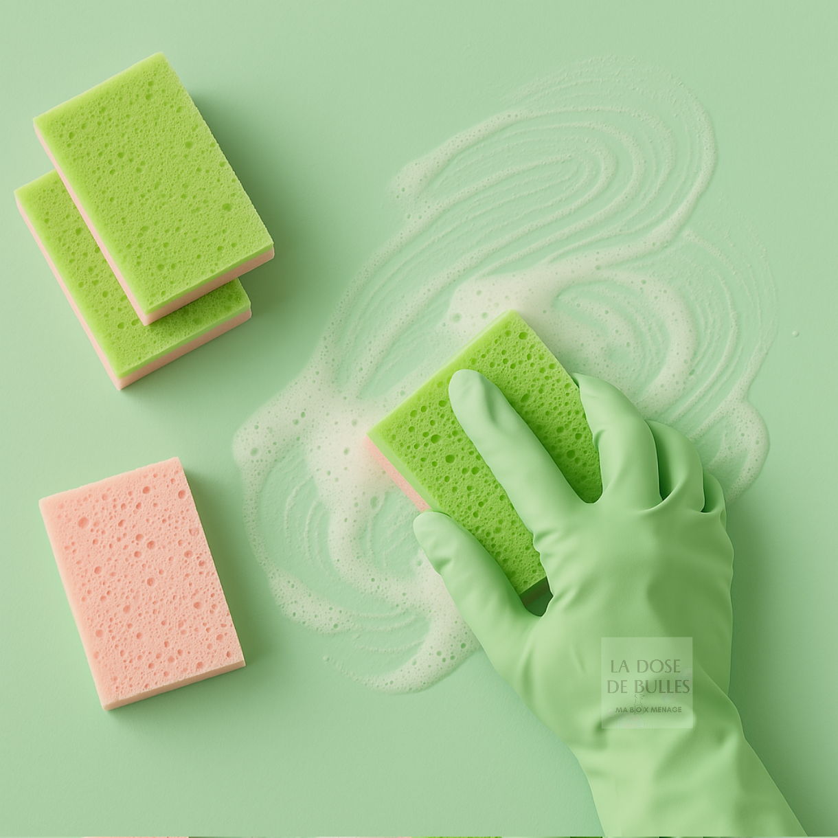 Menage avec des éponges de couleur rose et vert
